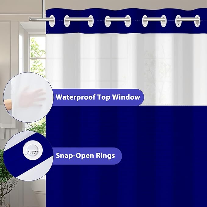 GICDSU No Hook Shower Curtain with Snap in Liner, Waffle Shower Curtain Set for Bathroom, Hotel Style with Semi-Sheer Top Window, Waterproof & Washable, Navy Blue, 71" W x 75" L