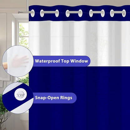 GICDSU No Hook Shower Curtain with Snap in Liner, Waffle Shower Curtain Set for Bathroom, Hotel Style with Semi-Sheer Top Window, Waterproof & Washable, Navy Blue, 71" W x 80" L