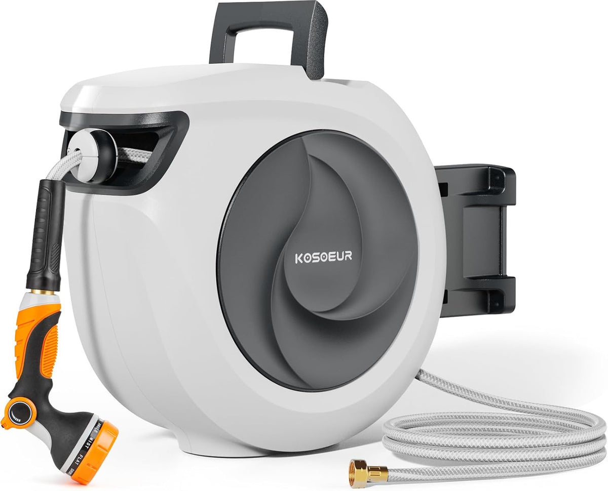 KOSOEUR Retractable Garden Hose Reel, 1/2 In X 100 ft Retractable Hose Reel, Automatic Retractable Water Hose Reels for Outside with 10 Pattern Nozzle, Any Length Lock Auto-retract 180° Swivel Bracket