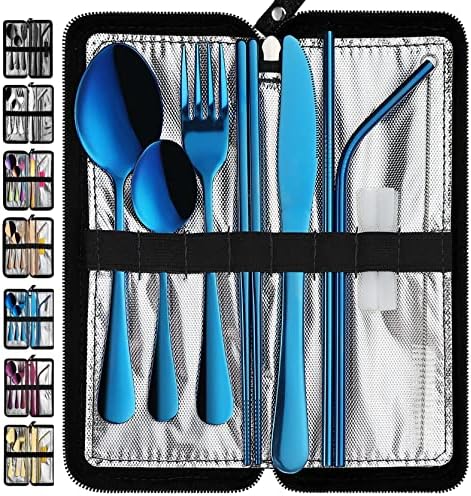 VANDBAO Portable Travel Utensils, Reusable Silverware with Case for Fixing Tableware, 9 Pieces Stainless Steel Stable Flatware Set, Camping Picnic Cutlery Set (Blue Set)