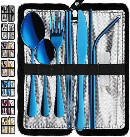 VANDBAO Portable Travel Utensils, Reusable Silverware with Case for Fixing Tableware, 9 Pieces Stainless Steel Stable Flatware Set, Camping Picnic Cutlery Set (Blue Set)