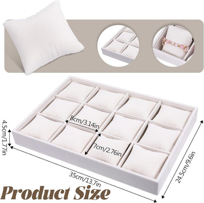 2 Pcs Velvet Watch Tray, 12 Grid Jewelry Organizer Stackable Tray Watch Bracelet Bangle Display Holder with Adjustable Pillows for Woman Man (Beige)