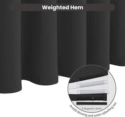 Inhousolu No Hook Waffle Weave Shower Curtain with Removable Snap in Fabric Liner Set for Bathroom, 230 GSM Heavy Duty Weighted Hem, Water Repellent Washable Bath Curtains, 60 x 72 Inch, Black