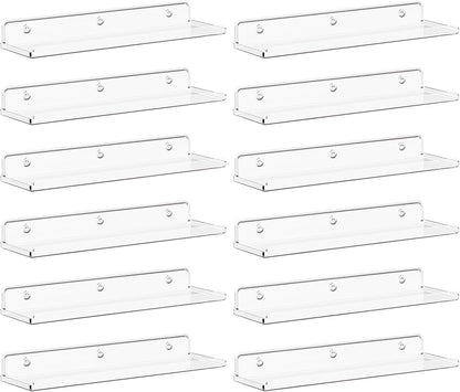 Lifewit Floating Shelves for Wall, 12 Pack Clear Acrylic Shelf 15" Room Decor for Bookcase/Vinyl Record Display/Photo/Picture in Bedroom, Living Room, Bathroom, Kitchen Storage and Organization