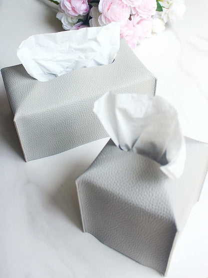 Rectangular Tissue Box Cover Leather – with Bottom Belt [JESMINI, Light Gray] Modern PU Leather Rectangle Tissue Holder Decorative for Bathroom Vanity Countertop/Night Stands/Office Desk