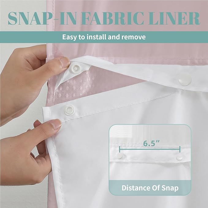 eachope BlushPink Extra Long No Hook Waffle Weave Shower Curtain with snap-in Liner Replacement, 230GSM Waterproof Fabric Hotel Shower Curtain Set for Bathroom, Through Mesh Top Window,71Wx86H