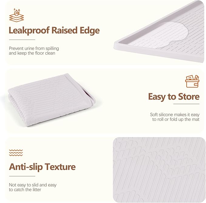 Bartuke Large Cat Litter Mat with Toy Ball, 38'' x 25'' Silicone Cat Litter Trapping Mat for Scatter Control, Soft on Kitty Paws, Easy to Clean (White)