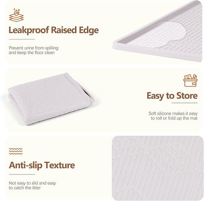 Bartuke Large Cat Litter Mat with Toy Ball, 38'' x 25'' Silicone Cat Litter Trapping Mat for Scatter Control, Soft on Kitty Paws, Easy to Clean (White)