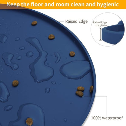 KPWACD Pet Placemat for Dog and Cat, Waterproof Silicone Dogs Feeding Bowl Mat Prevent Food and Water Overflow, High-Lips Puppy Dish Mats Suitable for Small Medium Big Pets, Navy, 24" * 16"