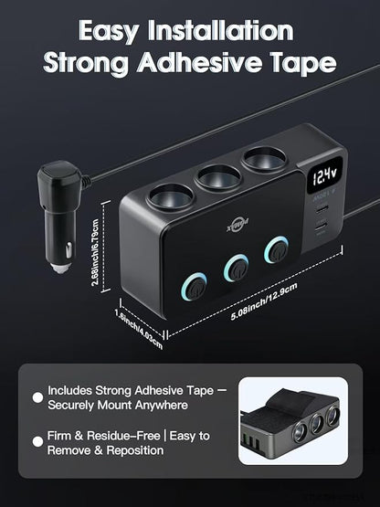 8 in 1 Cigarette Lighter Splitter, 120W Car Charger Adapter with PD 30W Type-C & QC3.0, 3-Socket Car Outlet with 5 USB Ports, LED Voltmeter, Independent Switches, 12V/24V Multi-Port Charger