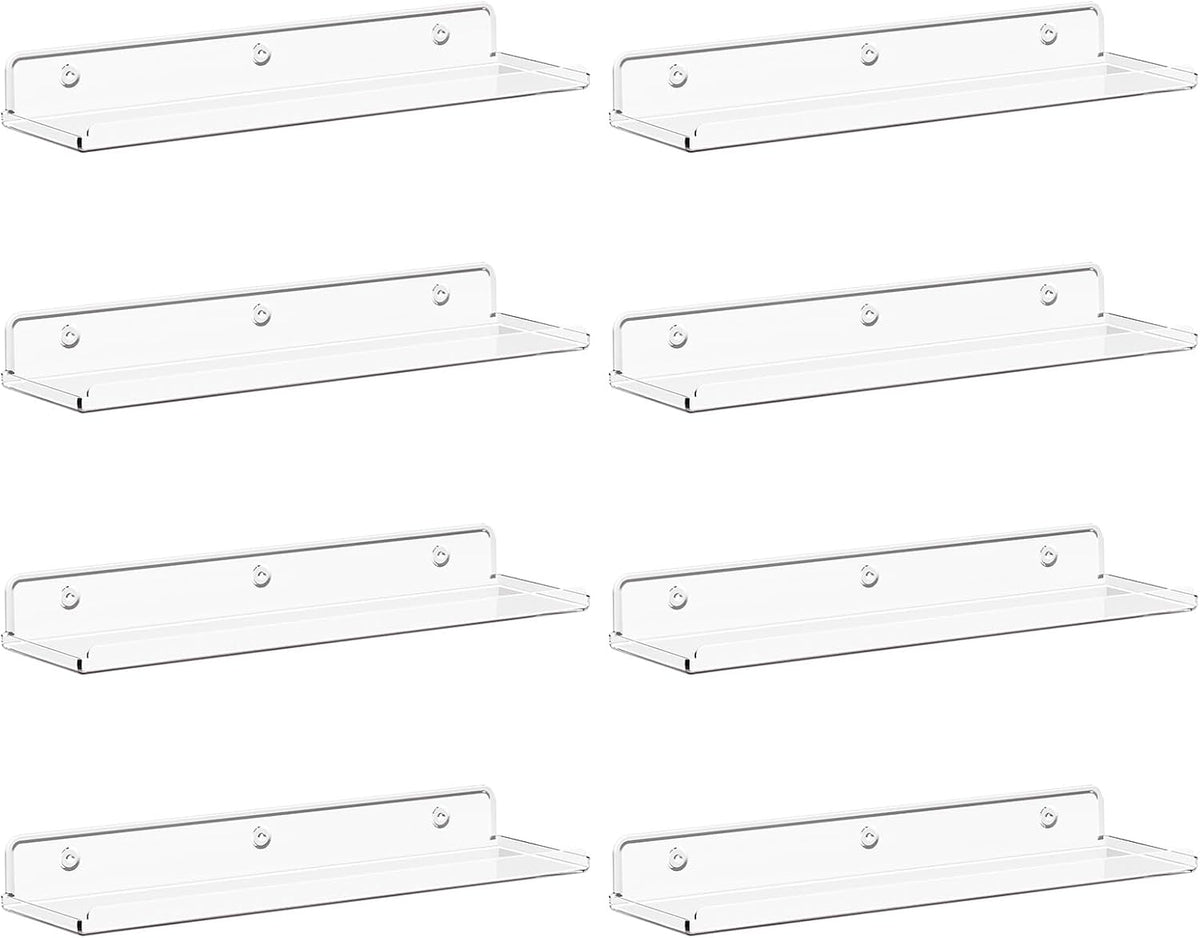 Lifewit Floating Shelves for Wall, 8 Pack Clear Acrylic Shelf 15" Room Decor for Bookcase/Vinyl Record Display/Photo/Picture in Bedroom, Living Room, Bathroom, Kitchen Storage and Organization