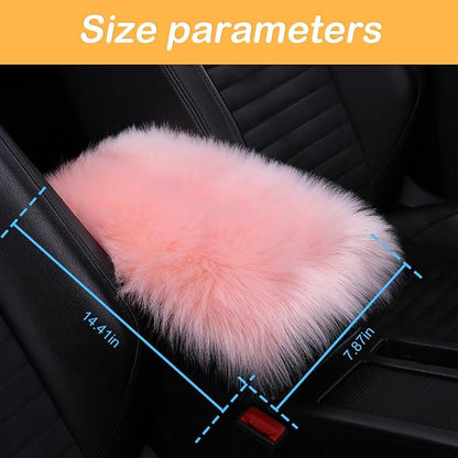 Auto Center Console Pad, 11.8" x 7.9" Furry Armrest Cover Universal for SUV/Truck/Car, Warm Winter Premium Faux Sheepskin Wool, Soft Fluffy Car Armrest Seat Box Cushion Protector (Pink)