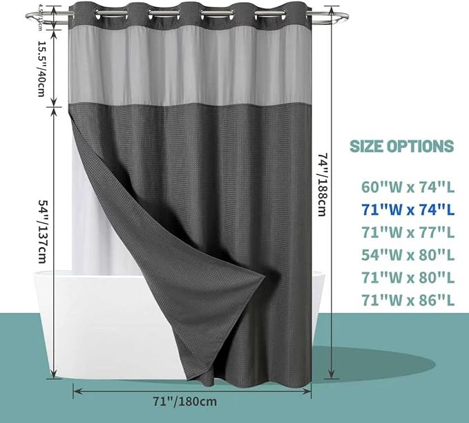 eachope Charcoal Grey No Hook Waffle Weave Shower Curtain with snap-in Liner Replacement, 230GSM Waterproof Fabric Hotel Shower Curtain Set for Bathroom, Through Mesh Top Window,71Wx74H