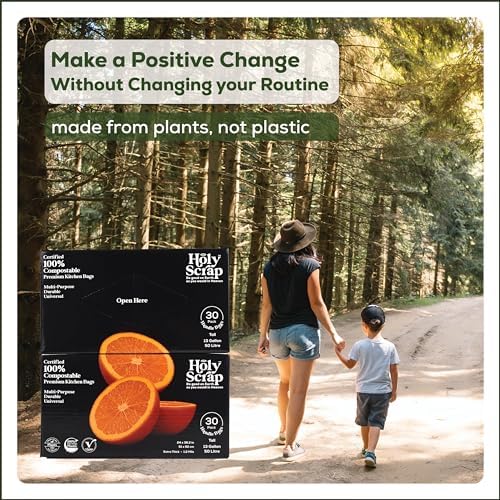 Extra Large Compostable Trash Bags - 13 Gallon, 60 Pack | Plastic-Free & Decomposing Tall Kitchen Garbage Bags & Liners with Easy-Tie Handles | Thick Bin Bags for Green & Food Waste