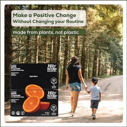 Extra Large Compostable Trash Bags - 13 Gallon, 60 Pack | Plastic-Free & Decomposing Tall Kitchen Garbage Bags & Liners with Easy-Tie Handles | Thick Bin Bags for Green & Food Waste