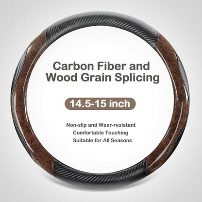 Wood Grain Steering Wheel Cover Carbon Car Steering Wheel Covers 14 1/2-15 inch with Coasters Microfiber Leather Splicing Breathable Anti-Slip Durable Universal Steering Wheel Protective