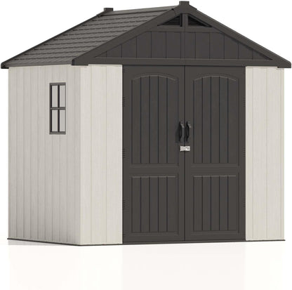 Patiowell 8 x 6 FT Plastic Outdoor Storage Shed with Floor, Resin Shed with Window and Lockable Door for Garden, Backyard, Tool Storage Use, Easy to Install in Beige (Kick-it Shed)
