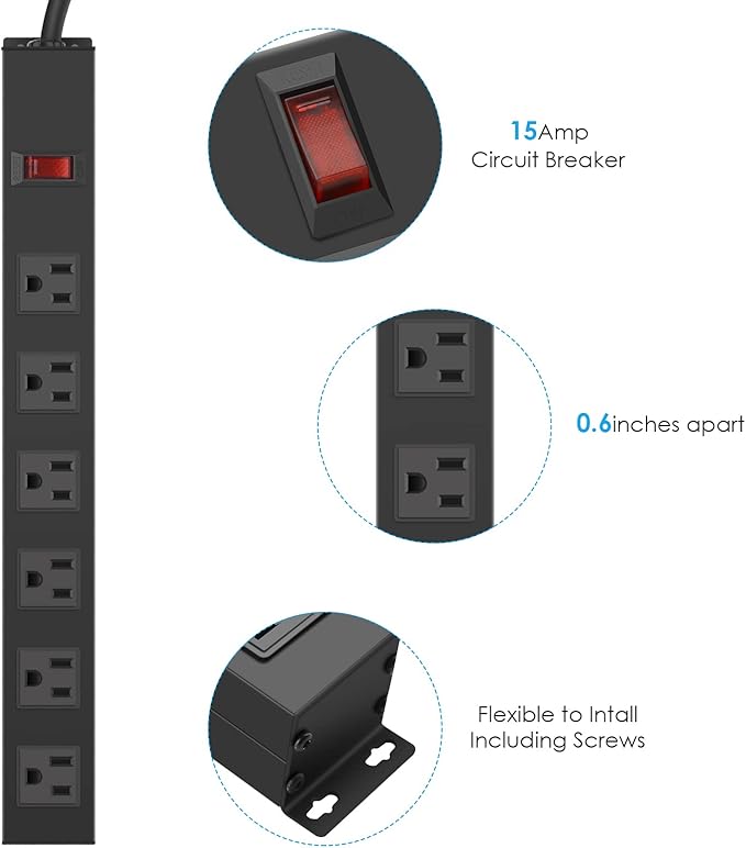 3Pack Metal Wall Mount Power Strip, Mountable Power Outlet