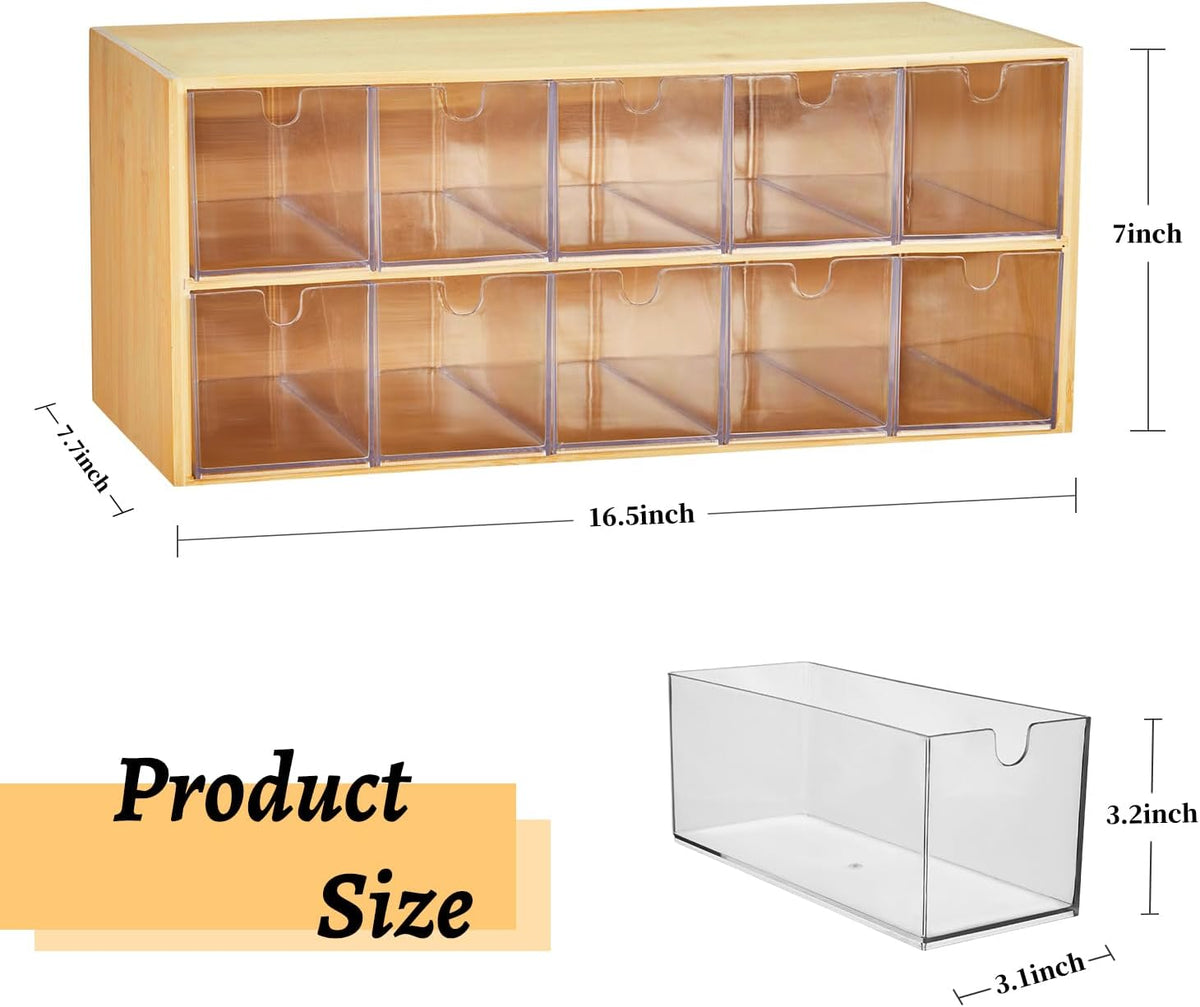 TIMIEEYA Tea Bag Organizer - Bamboo Tea Storage Organizer With Drawer 2 Layer, Tea Organizer for Tea Bags Natural Wood & Acrylic for Countertop Office Kitchen Cabinet Pantry