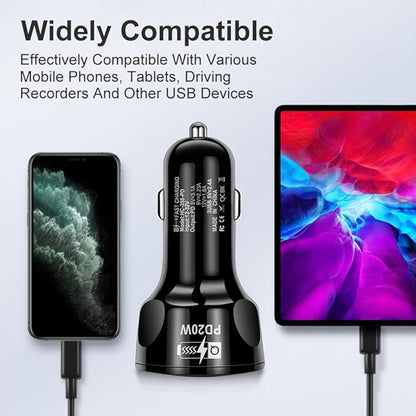 4 Port USB Fast Charging Cigarette Light Car Charger 3 * 2.4 A USB/ 1 PD20W LED Light Compatible with Tablets Cameras iPhone 14 13 12 11 Pro Max X XR XS Samsung Galaxy Series Google Pixel Android/iOS