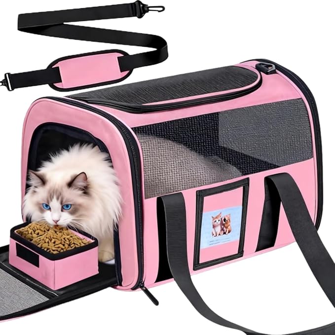 Soft Cat Carrier for Pets Up to 15 lbs, TSA Approved for Airline in-Cabin, Cat Travel Bag with Detachable Cat Food Bowl, Pet Carriers for Small Dogs, Waterproof Travel Puppy Carry, Pink