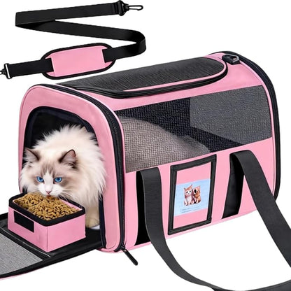 Soft Cat Carrier for Pets Up to 15 lbs, TSA Approved for Airline in-Cabin, Cat Travel Bag with Detachable Cat Food Bowl, Pet Carriers for Small Dogs, Waterproof Travel Puppy Carry, Pink