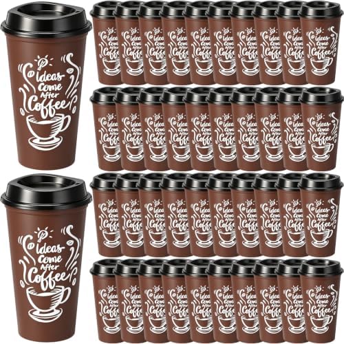 Honeydak 45 Pack 16 oz Reusable Coffee Cups with Lids Water Bottle Iced Coffee Travel Mug Portable Plastic Tea Tumblers Bulk for Hot and Cold Drinks Birthdays Party (Brown,Printing Style)