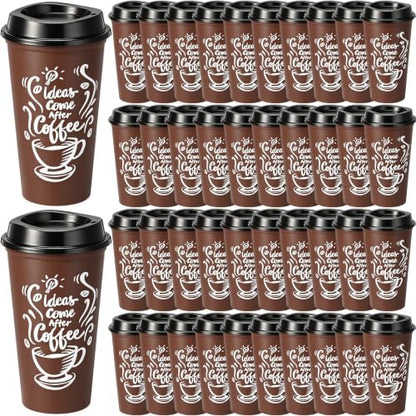 Honeydak 45 Pack 16 oz Reusable Coffee Cups with Lids Water Bottle Iced Coffee Travel Mug Portable Plastic Tea Tumblers Bulk for Hot and Cold Drinks Birthdays Party (Brown,Printing Style)