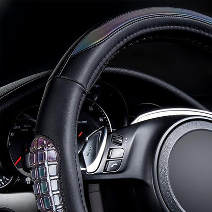 Flying Banner car Steering Wheel Cover Gel Massage Velvet Cool Warm Universal Size 15 inches SUV Truck Anti Slip Odorless Summer Winter (Black Muti-Volor Faux Leather, Gel Massage)