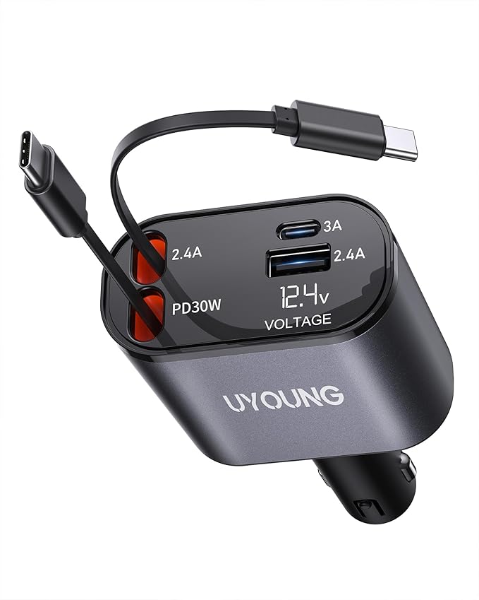 Car Phone Charger Retractable Car Charger 4 in 1 Fast Charger 30W Double USB Type C Retractable Cables 31.5 Inch and 2 USB Ports Car Charger Adapter for iPhone 17/16/15/14/13/12,Samsung,Pixel,iPad