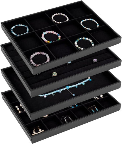 PH PandaHall Black Jewelry Tray 4 Pack Jewelry Organizer Tray Rectangle Display Trays Stackable Storage Case for Earrings Rings Necklaces Dresser Drawer Vendor Display Christmas Decor, 13.7x9.4inch