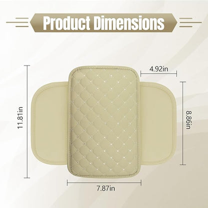 wuyaoyao Bling Car Center Console Cover, 11.81"×7.87" Leather Auto Arm Rest Cover Protector with 2 Storage Bags, Vehicle Crystal Rhinestone Armrest Cushion Pad, Interior Car Accessories (Beige)