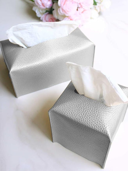 Rectangle Tissue Box Cover Silver - Normal Size Leather Rectangular Tissue Box Cover [JESMINI] Faux Leather Tissue Box Holder Long for Normal Rectangular Facial Tissue Box