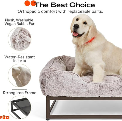 FUZI Elevated Dog Bed Medium with Extra Cover, Luxury Raised Dog Beds, Removable and Machine Washable Bed Cover, Indoor/Outdoor Orthopedic Pet Bed, Medium 31.75x23.6x18 Soft White and Black Base