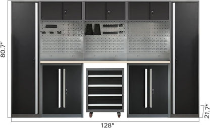 JZD Metal Garage Tool Cabinet System, Tool Organization with Wooden Worktop, for Workshop Auto Repair Shop, Black and Grey