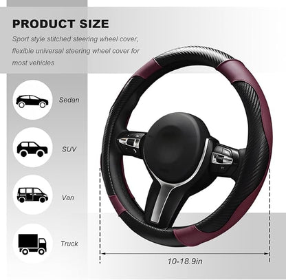 Car Steering Wheel Cover, 15 Inch Carbon Fiber Elastic Vehicle Steering Wheel Protector, Breathable Leather Auto Wheel Covers for Women Men, Interior Car Accessories (Wine Red)