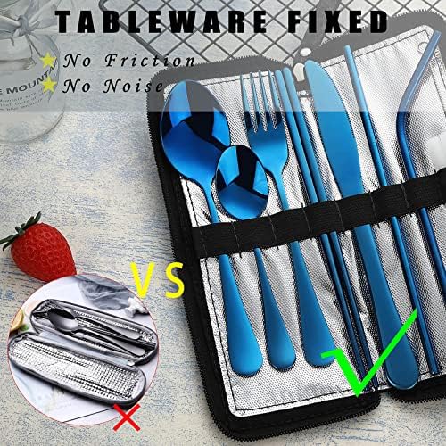VANDBAO Portable Travel Utensils, Reusable Silverware with Case for Fixing Tableware, 9 Pieces Stainless Steel Stable Flatware Set, Camping Picnic Cutlery Set (Blue Set)