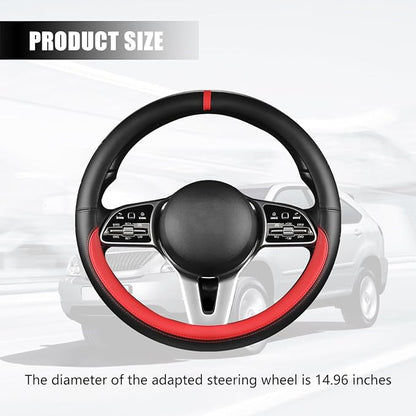 Car Steering Wheel Cover, 15 Inch Leather Anti-Slip Breathable Vehicle Steering Wheel Protector, Automotive Interior Protection Accessories, Universal for SUV Sedan Truck (Black/Red)