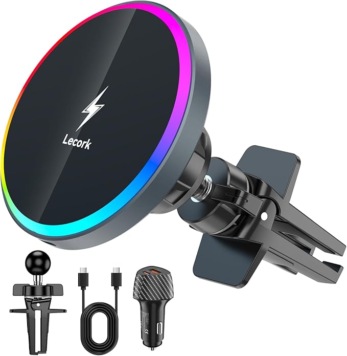 Lecork for Magsafe Car Mount Charger with Cigarette Lighter Adapter, 15W Air Vent Magnetic Wireles Car Mount Charger for iPhone 16 Pro, Car Phone Holder for iPhone 16 15 14 13 12, Zinc Alloy, Black