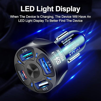 4 Port USB Fast Charging Cigarette Light Car Charger 3 * 2.4 A USB/ 1 PD20W LED Light Compatible with Tablets Cameras iPhone 14 13 12 11 Pro Max X XR XS Samsung Galaxy Series Google Pixel (White)