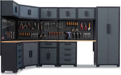 15-Piece Corner Garage Storage Cabinet System - Heavy Duty Workshop Set w/Corner Cabinet Includes Workbench, Pegboard & Lockable Drawers | Metal Tool Organization System for Garage/Workshop