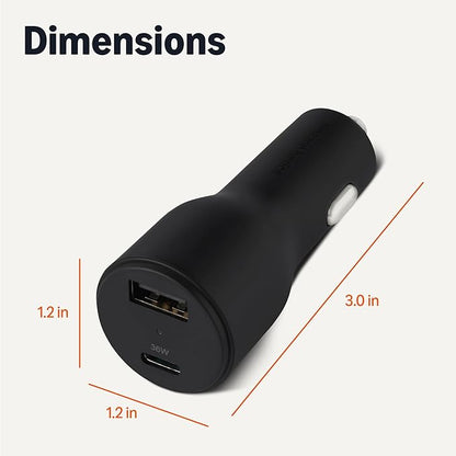 Amazon Basics Fast-Charging Car Charger, Dual-Port, 1 USBC+1 USB-A, 48W, Black