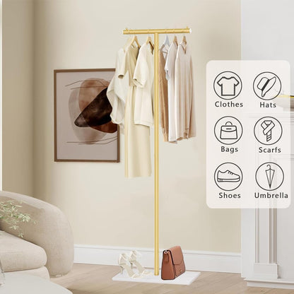 T-Shaped Metal Rack Stand, Modern Clothes Rack With Rock Slab Base,68.8Inch Freestanding Clothing Rack Stand,Suitable For Boutiques, Entryway, Bedroom, Living Room, Hallway, (Golden Yellow)