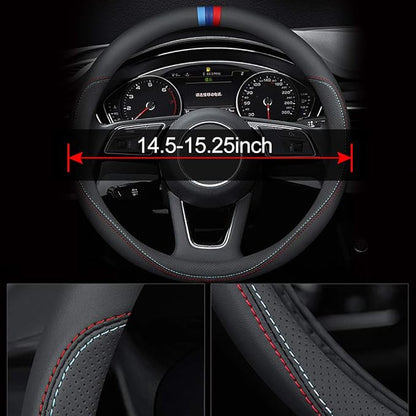 Carodi Latest Nappa Leather car Steering Wheel Cover, Stylish Non-Slip Leather car Interior 15 inches Universal Black(red and Blue Signs)