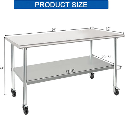 HARDURA Stainless Steel Table with Wheels 30 x 60 Inches Casters NSF Heavy Duty Commercial Work & Prep Table with Undershelf and Galvanized Legs for Restaurant Kitchen Bar and Hotel Garage