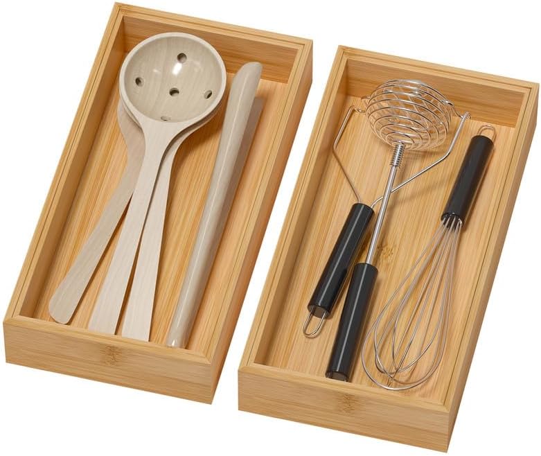 Lixple Bamboo Drawer Organizer - Silverware & Utensil Organizer, Stackable, 2 Pcs, Wooden Storage Box Tray (Bamboo, 12 X 6 X 2 Inch)