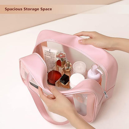 DAPOWER Travel Toiletry Bag for Women, Matte Translucent Toiletry Bag with Handy Handle, Makeup Cosmetic Organizer Bag for Travel Toiletries Accessories (Pink)