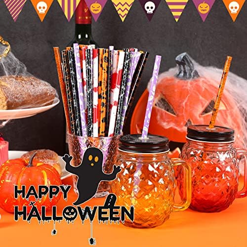 JANYUN 30 Pcs Halloween Straws 9inch Pumpkin Bat Skeleton Spider Printing
