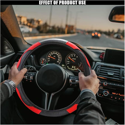Car Steering Wheel Cover, 15 Inch Carbon Fiber Leather Elastic Steering Wheel Protector, Anti-Slip, Breathable & Soft Car Interior Accessories Universal for Most Cars, Men & Women (Red)
