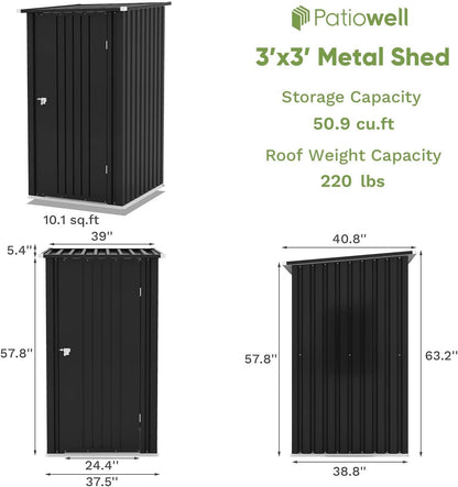 Patiowell 3 x 3 FT Outdoor Storage Shed,Small Garden Tool Storage Shed with Sloping Roof and Single Lockable Door, Outdoor Shed for Backyard Garden Patio Lawn, Black